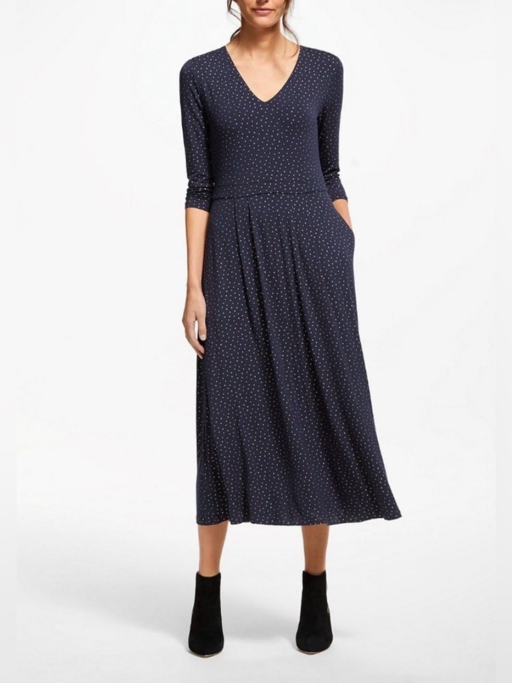 Boden Coraline Sz 4 Navy with Gold Mini dot pattern Fit and Flare Midi Maxi